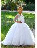 Long Sleeve Beaded White Tulle Flower Girl Dress